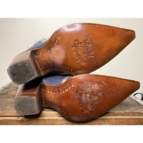 Rare RUDEL Point Toe Western Boots Women's 5E Blue Seude With White Fringe - Picture 4 of 6